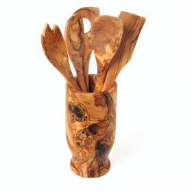 Olive Wood Kitchen Servers Set w/Holder -6 Pcs