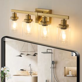 Golden 4-Light Vanity Light with Clear Glass Shades, Modern Iron Metal Bathroom Wall Fixture for Mirror