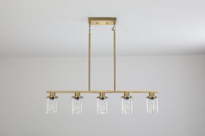 Modern Industrial 5-Light Chandelier with Clear Glass Shades, Golden Metal Frame Hanging Ceiling Light Fixture for Dining Room, Kitchen Island