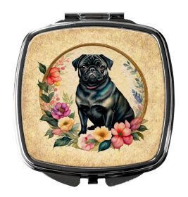 NEW Black Pug and Flowers Compact Mirror Decorative Travel Makeup Mirror for Women Girls Gifts Pocket Makeup Mirror Folding Handheld