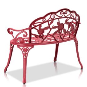 Outdoor Cast Aluminum Patio Bench, Porch Bench Chair with Curved Legs Rose Pattern, Red