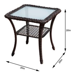 Outdoor Side Table, Indoor Outdoor Glass Top Wicker Coffee Bistro Table, All-Weather Patio Square Storage End Table, Steel Frame, 20''x 20''x20''